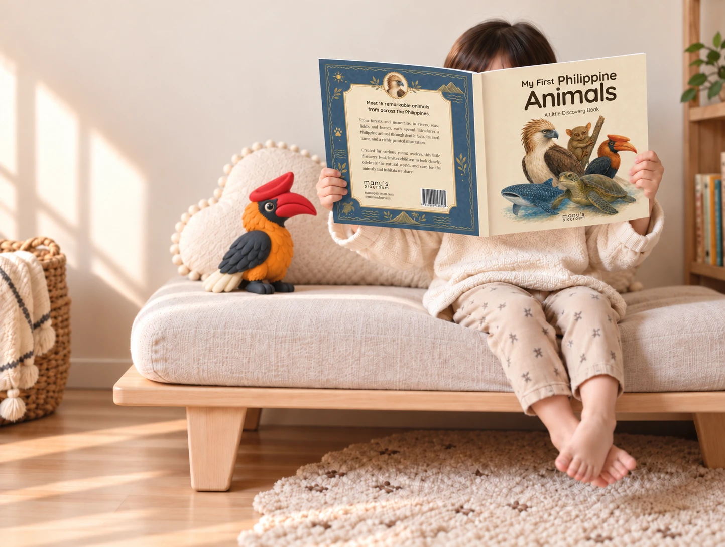 A child sitting on a sofa and reading My First Philippine Animals beside a Philippine hornbill toy.